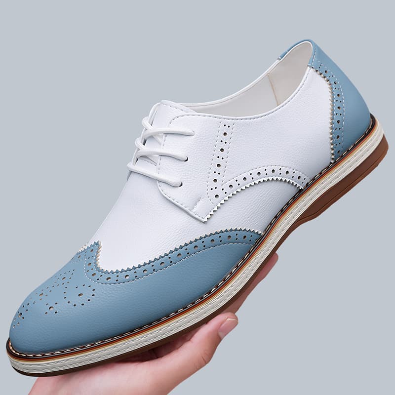Oxford Brogue Leather - أحذية أكسفورد رجالية بيضاء وزرقاء بلونين،