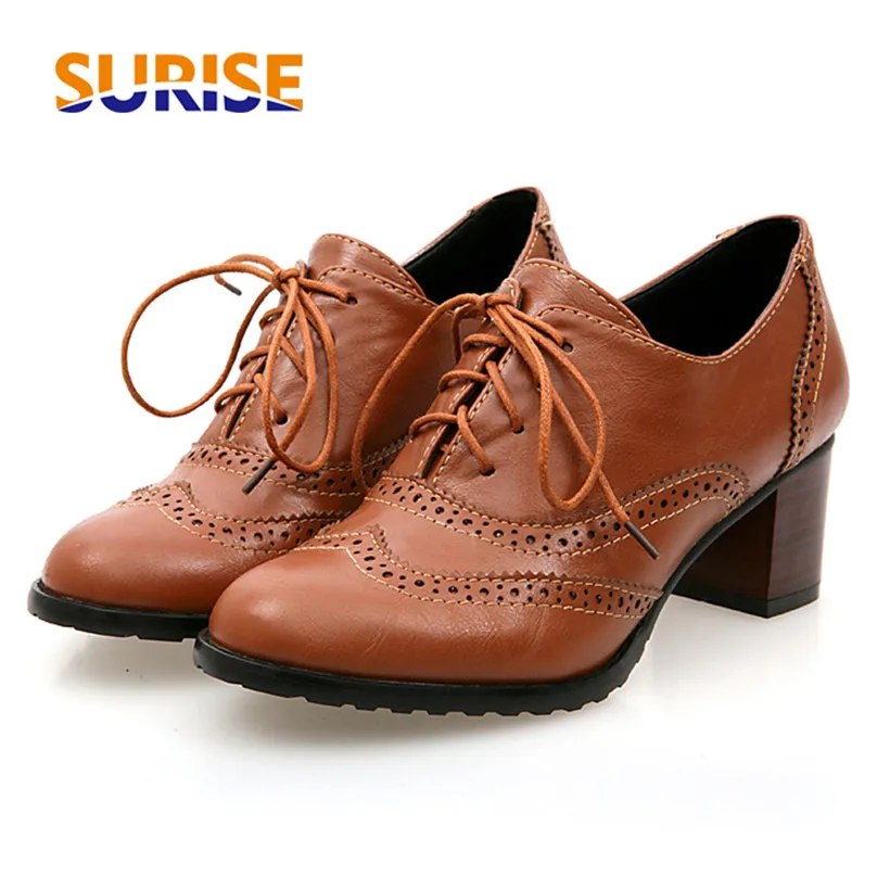 Oxford Brogue Leather - حذاء نسائي بريطاني أوكسفورد بكعب عالي